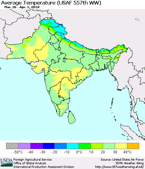 Southern Asia Average Temperature (USAF 557th WW) Thematic Map For 3/26/2018 - 4/1/2018