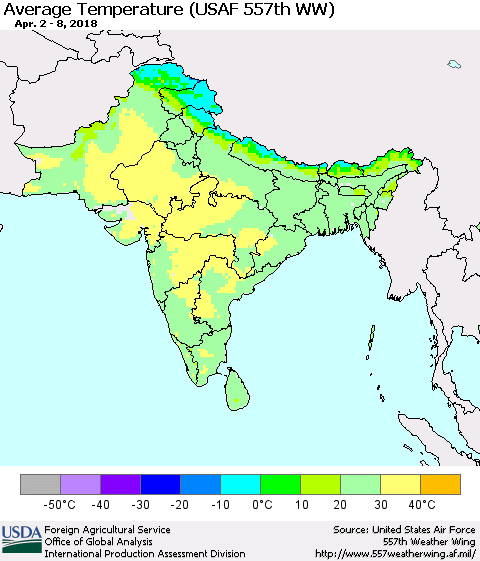 Southern Asia Average Temperature (USAF 557th WW) Thematic Map For 4/2/2018 - 4/8/2018