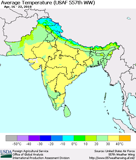 Southern Asia Average Temperature (USAF 557th WW) Thematic Map For 4/16/2018 - 4/22/2018