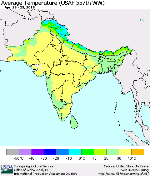 Southern Asia Average Temperature (USAF 557th WW) Thematic Map For 4/23/2018 - 4/29/2018
