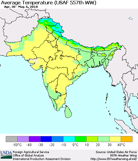 Southern Asia Average Temperature (USAF 557th WW) Thematic Map For 4/30/2018 - 5/6/2018