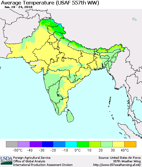 Southern Asia Average Temperature (USAF 557th WW) Thematic Map For 6/18/2018 - 6/24/2018
