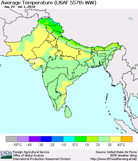 Southern Asia Average Temperature (USAF 557th WW) Thematic Map For 6/25/2018 - 7/1/2018