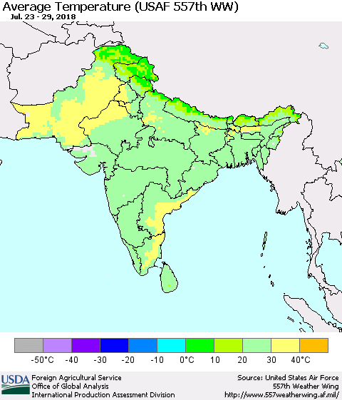 Southern Asia Average Temperature (USAF 557th WW) Thematic Map For 7/23/2018 - 7/29/2018