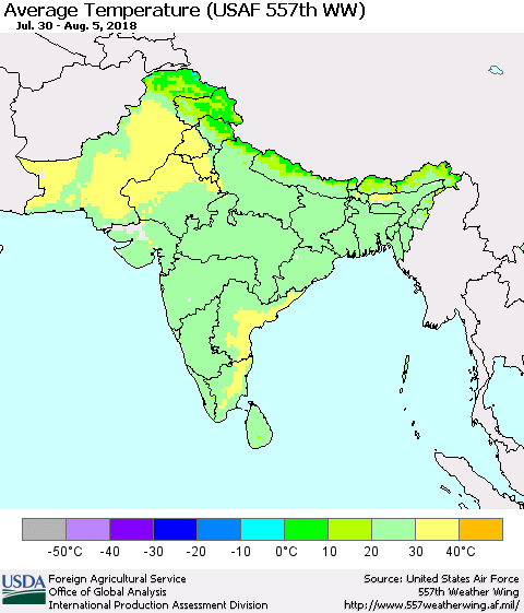 Southern Asia Average Temperature (USAF 557th WW) Thematic Map For 7/30/2018 - 8/5/2018