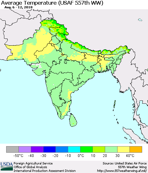 Southern Asia Average Temperature (USAF 557th WW) Thematic Map For 8/6/2018 - 8/12/2018