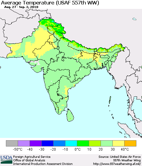 Southern Asia Average Temperature (USAF 557th WW) Thematic Map For 8/27/2018 - 9/2/2018