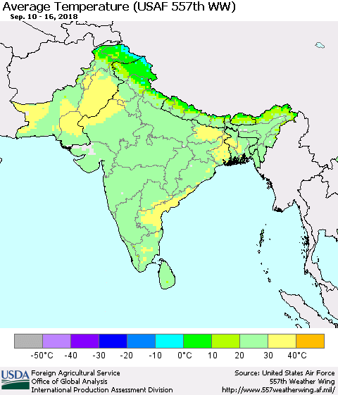 Southern Asia Average Temperature (USAF 557th WW) Thematic Map For 9/10/2018 - 9/16/2018