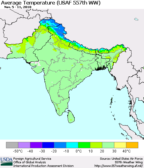 Southern Asia Average Temperature (USAF 557th WW) Thematic Map For 11/5/2018 - 11/11/2018