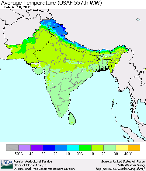 Southern Asia Average Temperature (USAF 557th WW) Thematic Map For 2/4/2019 - 2/10/2019