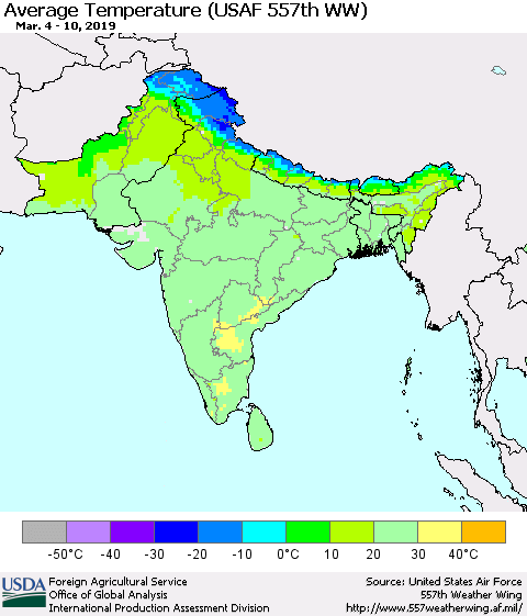 Southern Asia Average Temperature (USAF 557th WW) Thematic Map For 3/4/2019 - 3/10/2019