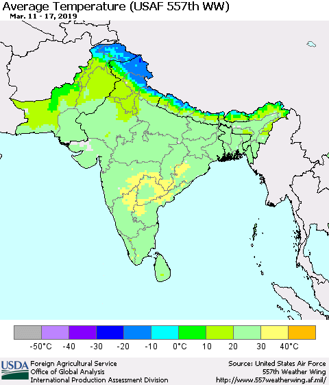 Southern Asia Average Temperature (USAF 557th WW) Thematic Map For 3/11/2019 - 3/17/2019