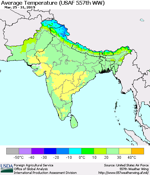 Southern Asia Average Temperature (USAF 557th WW) Thematic Map For 3/25/2019 - 3/31/2019
