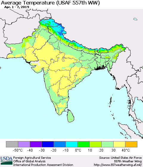 Southern Asia Average Temperature (USAF 557th WW) Thematic Map For 4/1/2019 - 4/7/2019