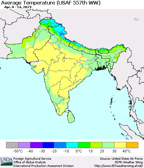 Southern Asia Average Temperature (USAF 557th WW) Thematic Map For 4/8/2019 - 4/14/2019