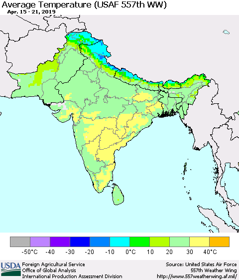 Southern Asia Average Temperature (USAF 557th WW) Thematic Map For 4/15/2019 - 4/21/2019