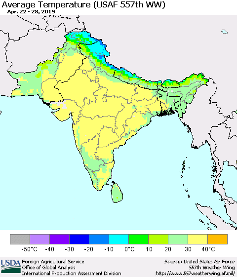 Southern Asia Average Temperature (USAF 557th WW) Thematic Map For 4/22/2019 - 4/28/2019
