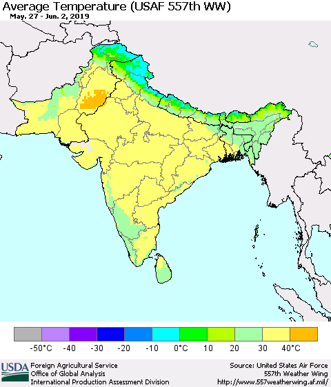 Southern Asia Average Temperature (USAF 557th WW) Thematic Map For 5/27/2019 - 6/2/2019