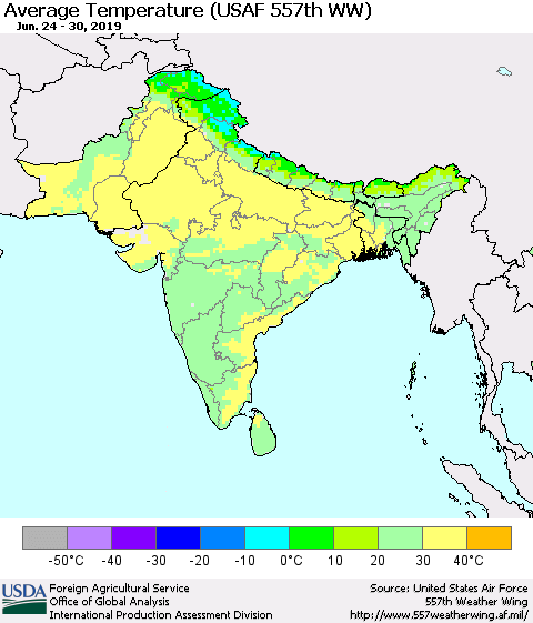 Southern Asia Average Temperature (USAF 557th WW) Thematic Map For 6/24/2019 - 6/30/2019