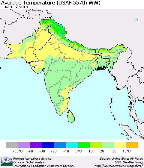 Southern Asia Average Temperature (USAF 557th WW) Thematic Map For 7/1/2019 - 7/7/2019