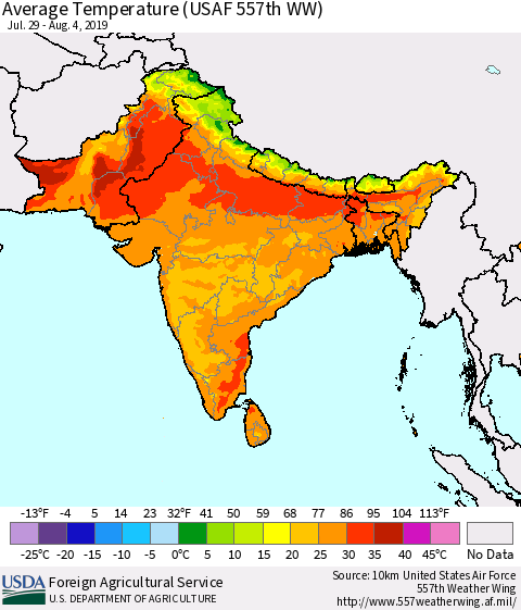 Southern Asia Average Temperature (USAF 557th WW) Thematic Map For 7/29/2019 - 8/4/2019