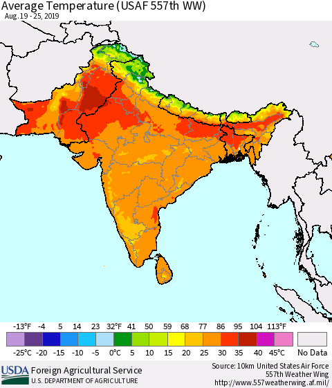 Southern Asia Average Temperature (USAF 557th WW) Thematic Map For 8/19/2019 - 8/25/2019