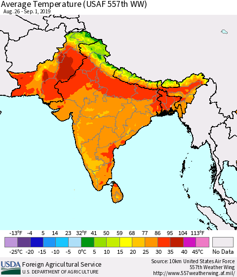 Southern Asia Average Temperature (USAF 557th WW) Thematic Map For 8/26/2019 - 9/1/2019