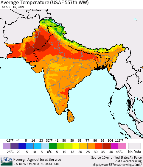 Southern Asia Average Temperature (USAF 557th WW) Thematic Map For 9/9/2019 - 9/15/2019