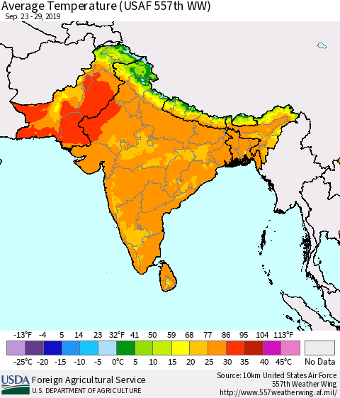 Southern Asia Average Temperature (USAF 557th WW) Thematic Map For 9/23/2019 - 9/29/2019