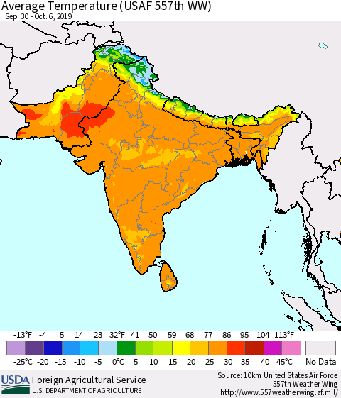 Southern Asia Average Temperature (USAF 557th WW) Thematic Map For 9/30/2019 - 10/6/2019