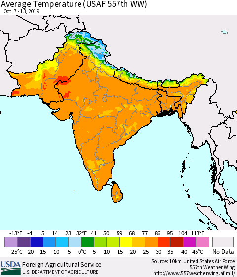 Southern Asia Average Temperature (USAF 557th WW) Thematic Map For 10/7/2019 - 10/13/2019