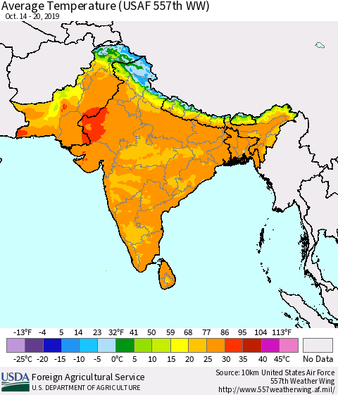 Southern Asia Average Temperature (USAF 557th WW) Thematic Map For 10/14/2019 - 10/20/2019