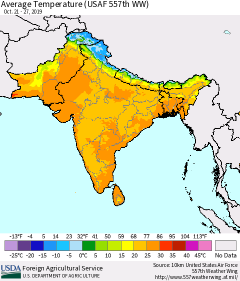 Southern Asia Average Temperature (USAF 557th WW) Thematic Map For 10/21/2019 - 10/27/2019