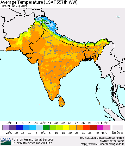 Southern Asia Average Temperature (USAF 557th WW) Thematic Map For 10/28/2019 - 11/3/2019