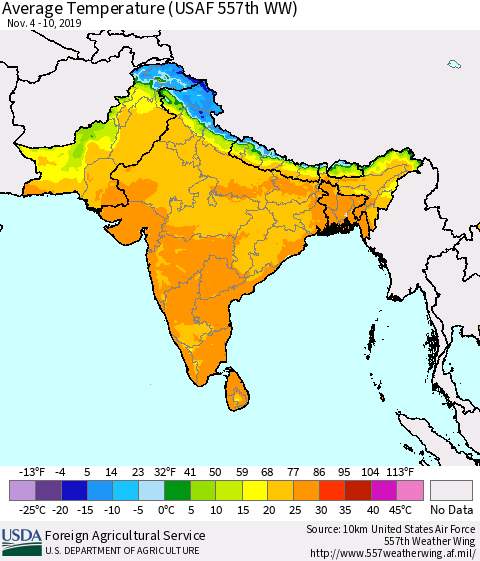 Southern Asia Average Temperature (USAF 557th WW) Thematic Map For 11/4/2019 - 11/10/2019