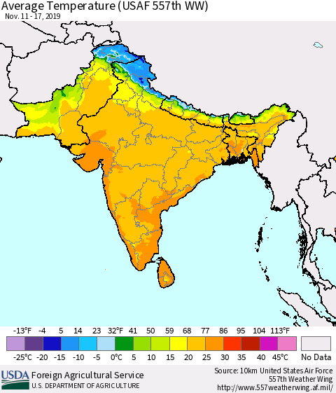 Southern Asia Average Temperature (USAF 557th WW) Thematic Map For 11/11/2019 - 11/17/2019