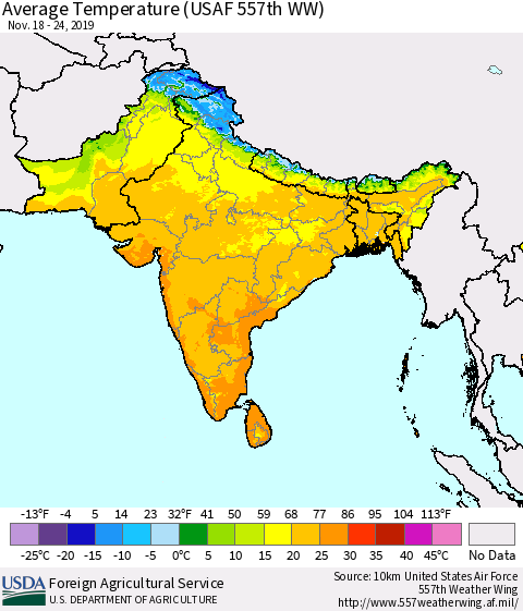 Southern Asia Average Temperature (USAF 557th WW) Thematic Map For 11/18/2019 - 11/24/2019