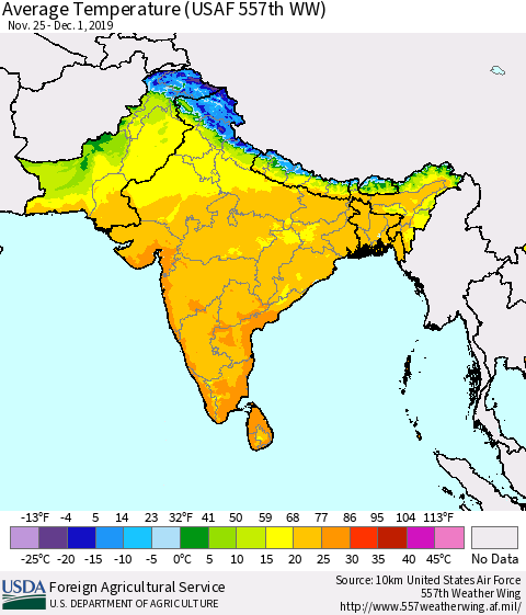 Southern Asia Average Temperature (USAF 557th WW) Thematic Map For 11/25/2019 - 12/1/2019