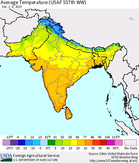 Southern Asia Average Temperature (USAF 557th WW) Thematic Map For 12/2/2019 - 12/8/2019