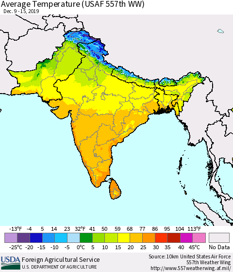 Southern Asia Average Temperature (USAF 557th WW) Thematic Map For 12/9/2019 - 12/15/2019