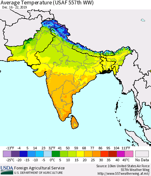 Southern Asia Average Temperature (USAF 557th WW) Thematic Map For 12/16/2019 - 12/22/2019