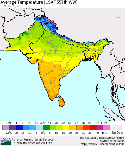 Southern Asia Average Temperature (USAF 557th WW) Thematic Map For 12/23/2019 - 12/29/2019