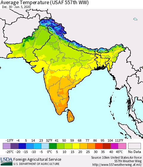 Southern Asia Average Temperature (USAF 557th WW) Thematic Map For 12/30/2019 - 1/5/2020