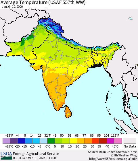 Southern Asia Average Temperature (USAF 557th WW) Thematic Map For 1/6/2020 - 1/12/2020