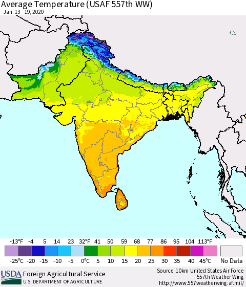 Southern Asia Average Temperature (USAF 557th WW) Thematic Map For 1/13/2020 - 1/19/2020