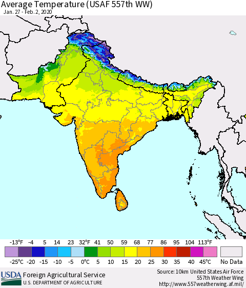 Southern Asia Average Temperature (USAF 557th WW) Thematic Map For 1/27/2020 - 2/2/2020