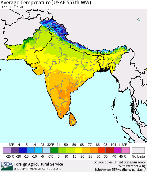 Southern Asia Average Temperature (USAF 557th WW) Thematic Map For 2/3/2020 - 2/9/2020