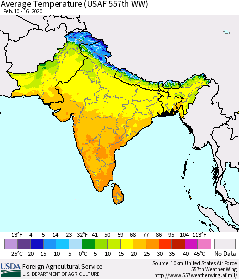 Southern Asia Average Temperature (USAF 557th WW) Thematic Map For 2/10/2020 - 2/16/2020