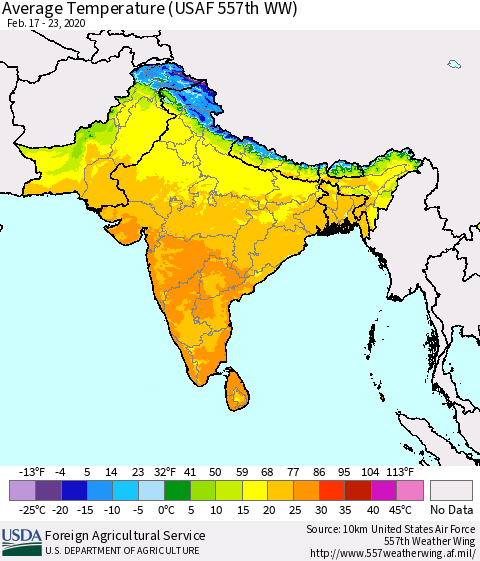 Southern Asia Average Temperature (USAF 557th WW) Thematic Map For 2/17/2020 - 2/23/2020