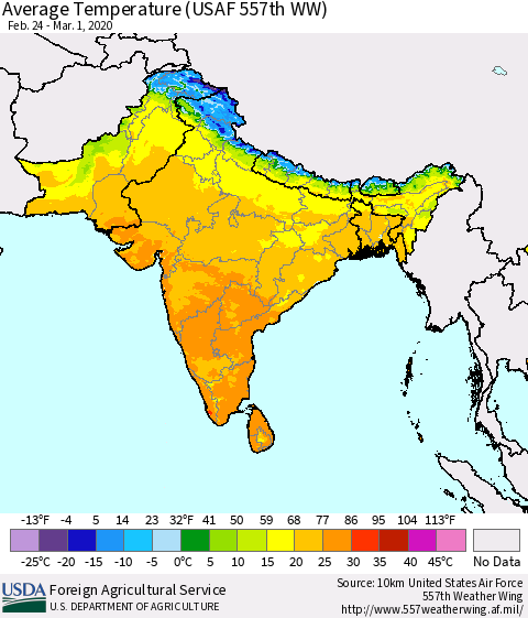 Southern Asia Average Temperature (USAF 557th WW) Thematic Map For 2/24/2020 - 3/1/2020
